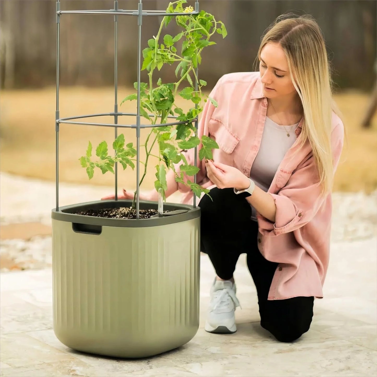15" Tall Large Plant Pots with Trellis for Flowers Plants Decor, Sage Green
